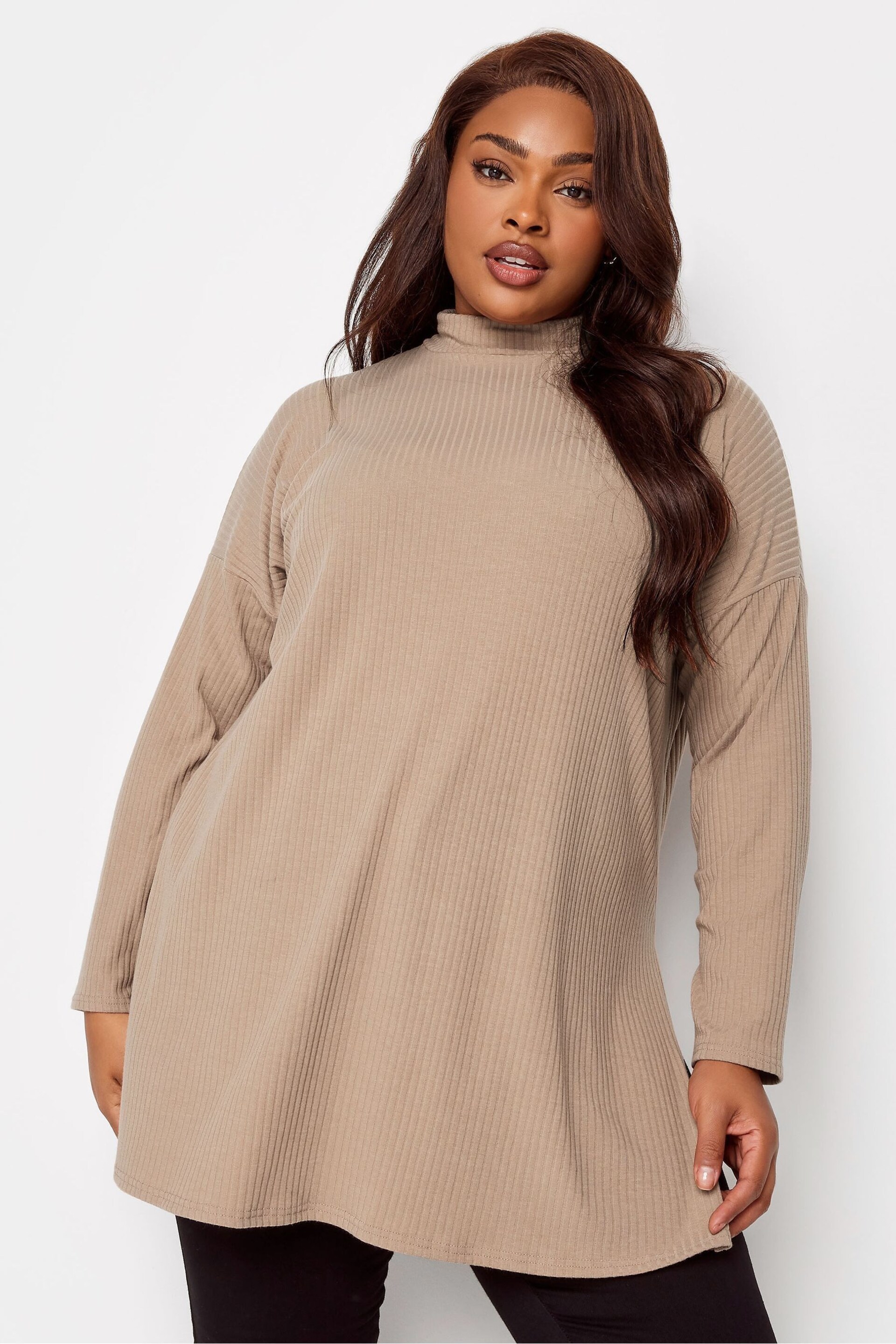 Yours Curve Natural Oversized Turtle Neck Ribbed Longsleeve T-Shirt - Image 1 of 4