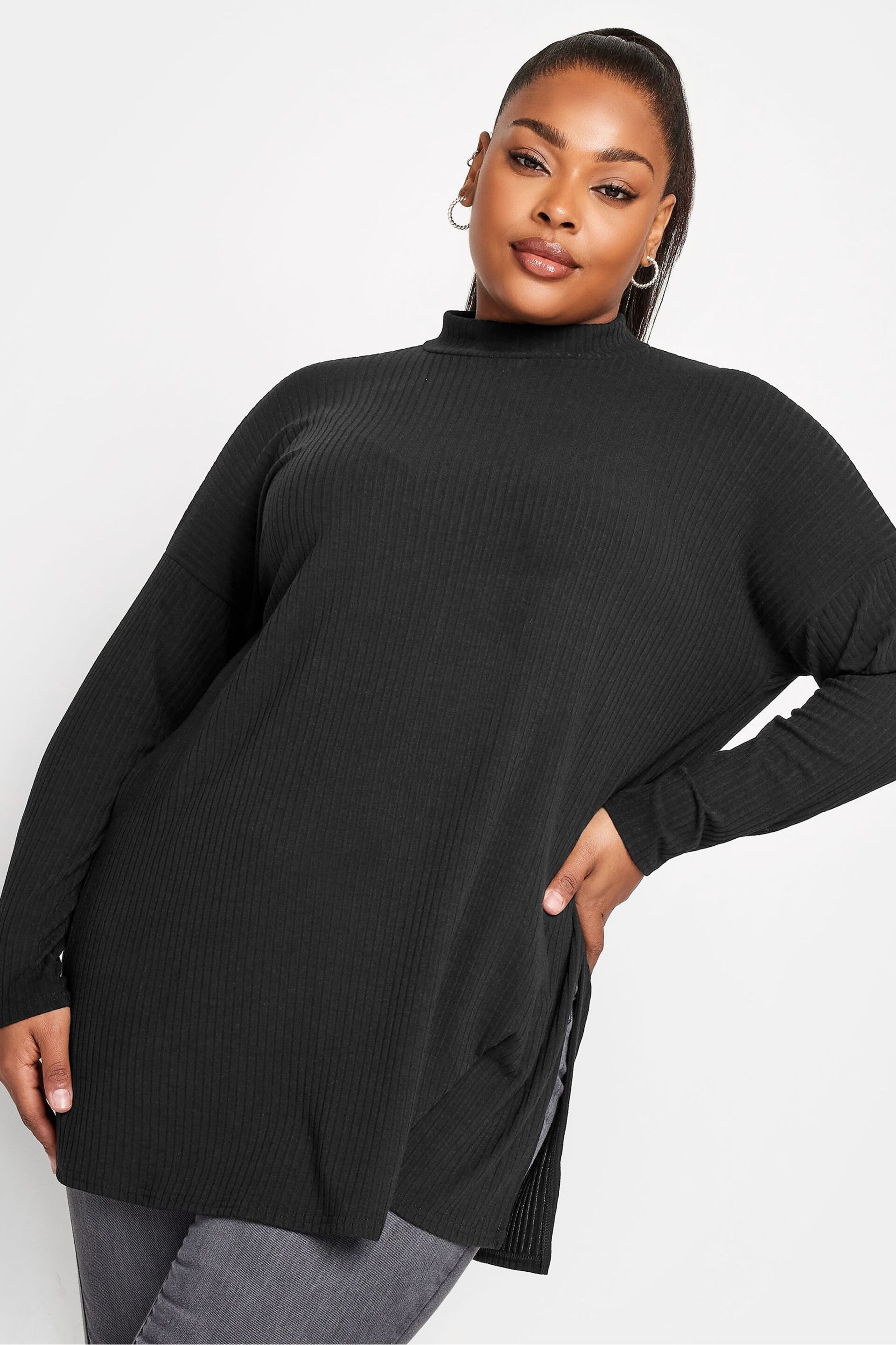 Yours Curve Black Oversized Turtle Neck Ribbed Longsleeve T-Shirt - Image 3 of 5