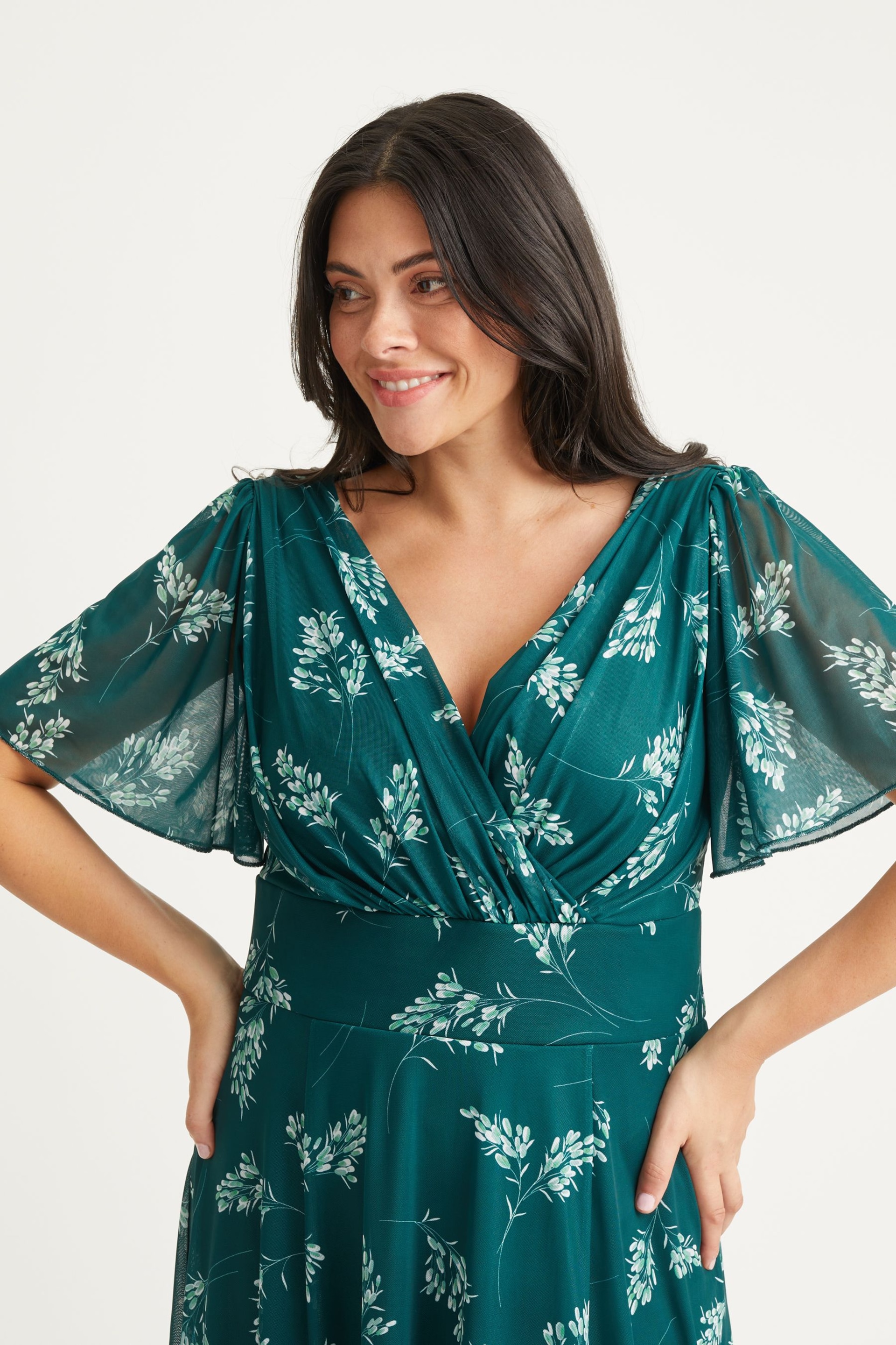 Scarlett & Jo Bottle Green Victoria Angel Sleeve Mesh Midi Dress - Image 4 of 4