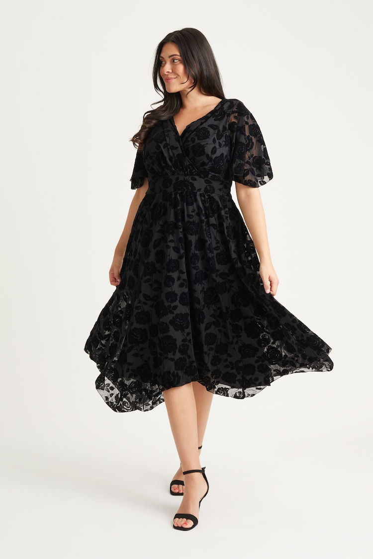 Scarlett & Jo Black Julie Flock Hanky Hem Dress - Image 1 of 5