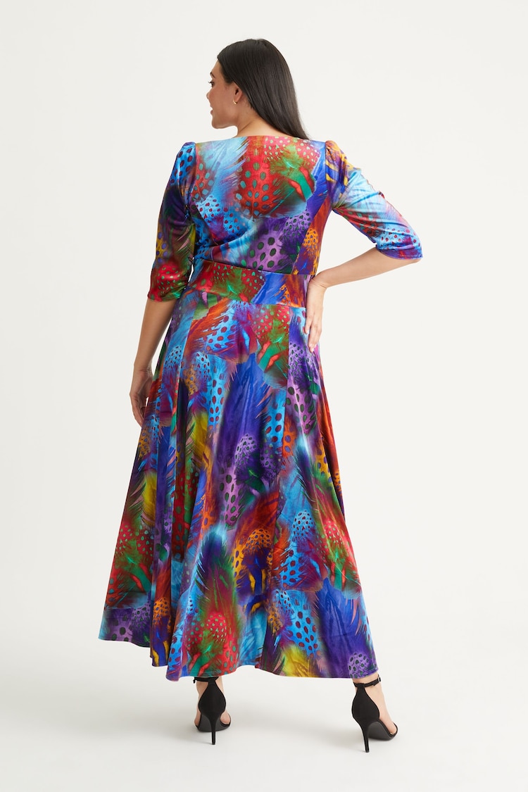 Scarlett & Jo Blue & Red Multi Peacock Print Elizabeth Velvet Maxi Gown - Image 2 of 4