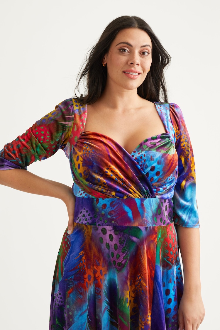 Scarlett & Jo Blue & Red Multi Peacock Print Elizabeth Velvet Maxi Gown - Image 4 of 4