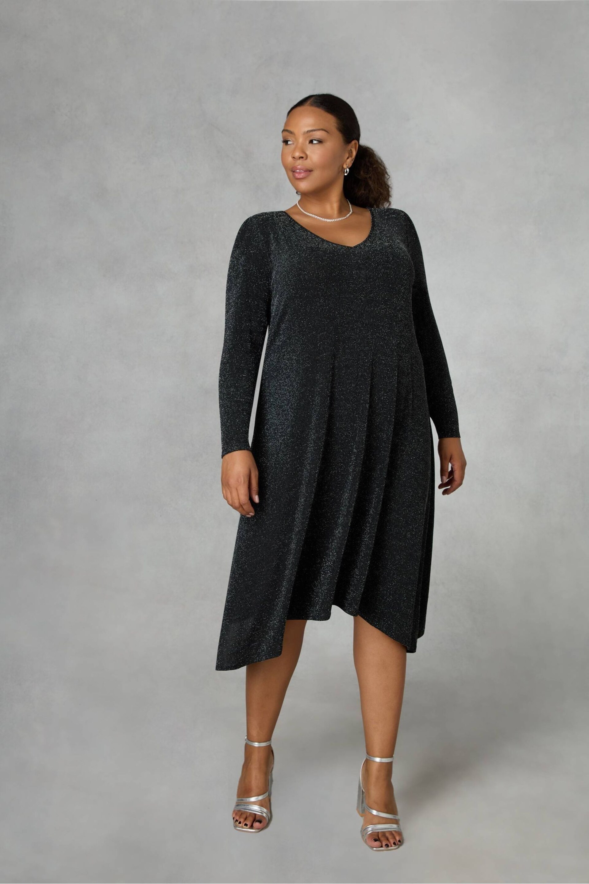 Live Unlimited Curve - Silver Sparkle Jersey Hanky Hem Dress - Image 1 of 4