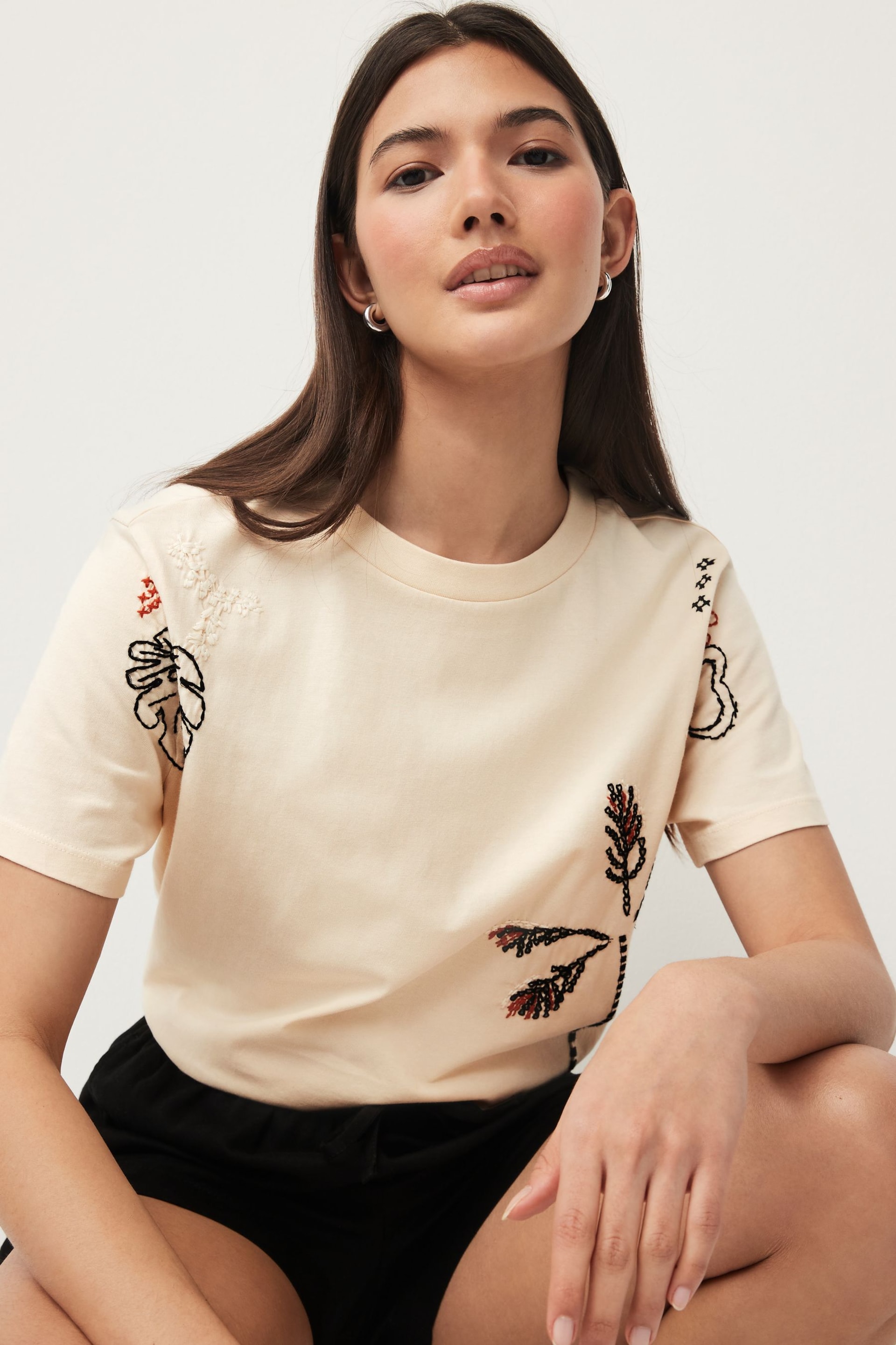 Ecru Embroidered Palm T-Shirt - Image 4 of 7