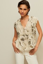 Khaki Green Broderie V-Neck Lace Detail Short Sleeve Top - Image 1 of 6