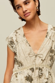 Khaki Green Broderie V-Neck Lace Detail Short Sleeve Top - Image 4 of 6