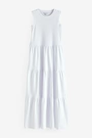 White Sleeveless 100% Cotton Crew Neck Tiered Summer Maxi Jersey Dress - Image 5 of 6