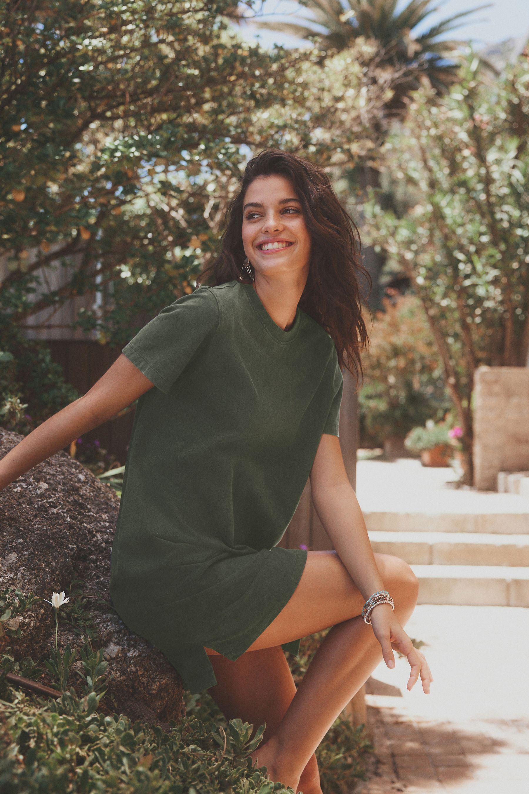Buy Khaki Green 100 Cotton Crew Neck Short Sleeve T Shirt Dress from Next Luxembourg