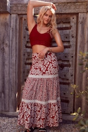 Red Spliced Print Textured Maxi Skirt With Crochet Trim - Image 1 of 7