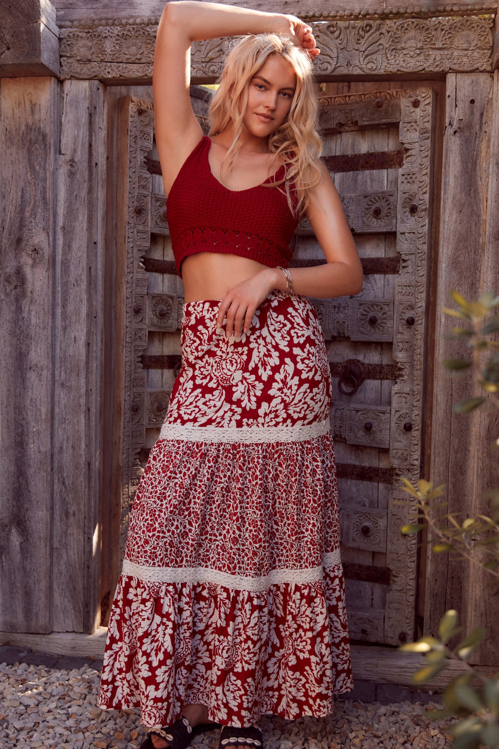 Red Spliced Print Textured Maxi Skirt With Crochet Trim - Image 1 of 7