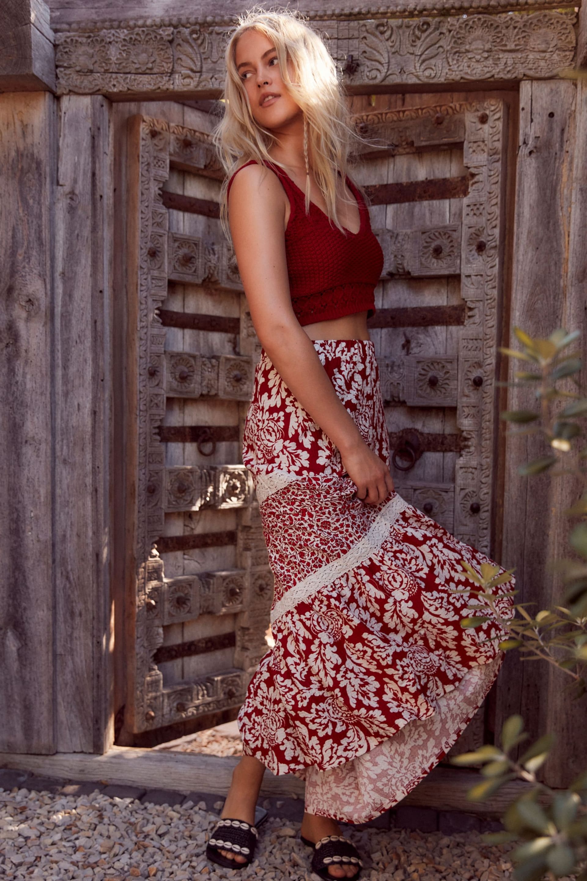 Red Spliced Print Textured Maxi Skirt With Crochet Trim - Image 2 of 7