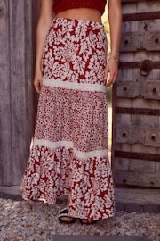 Red Spliced Print Textured Maxi Skirt With Crochet Trim - Image 3 of 7
