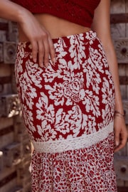 Red Spliced Print Textured Maxi Skirt With Crochet Trim - Image 5 of 7