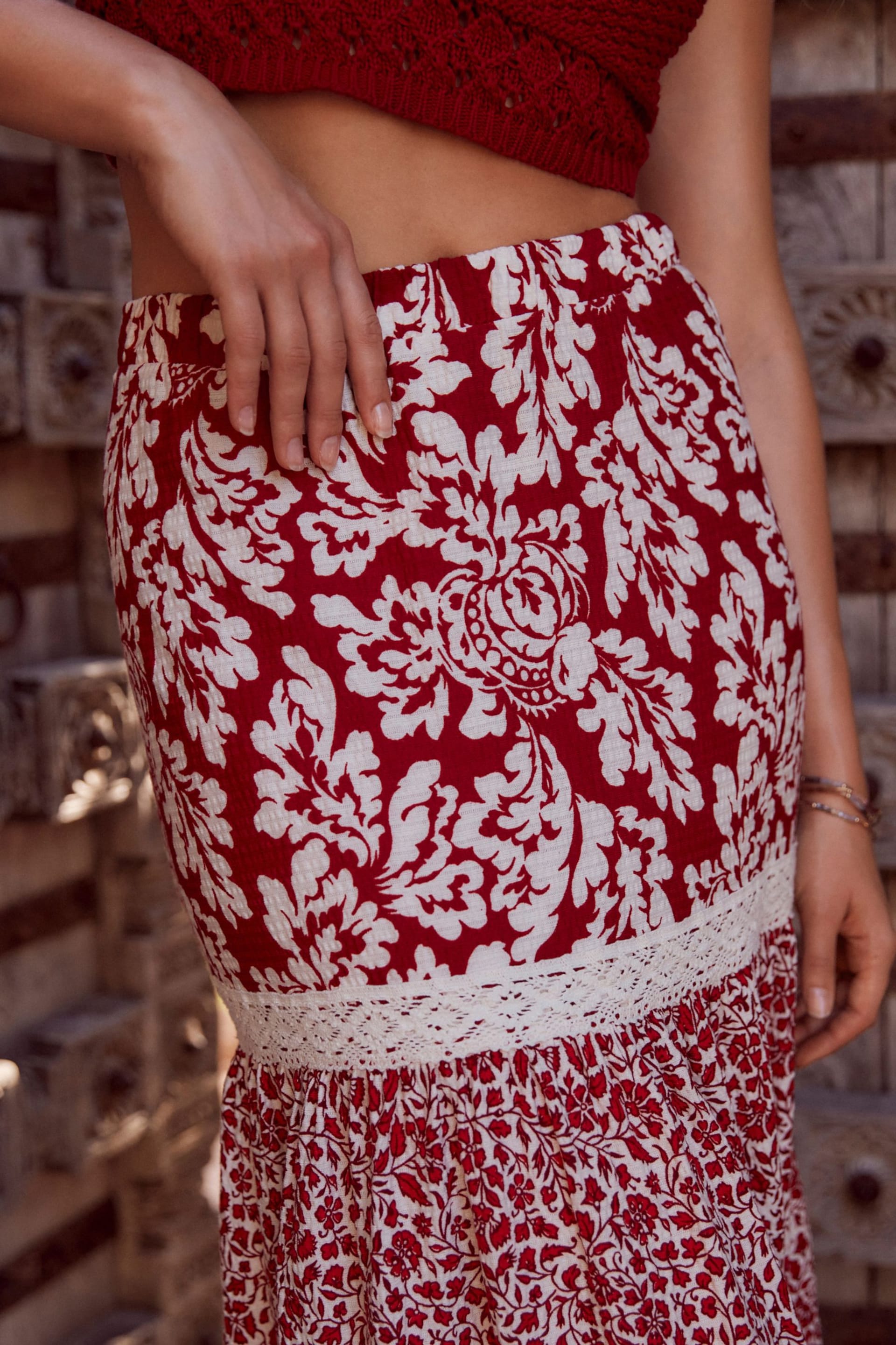 Red Spliced Print Textured Maxi Skirt With Crochet Trim - Image 5 of 7