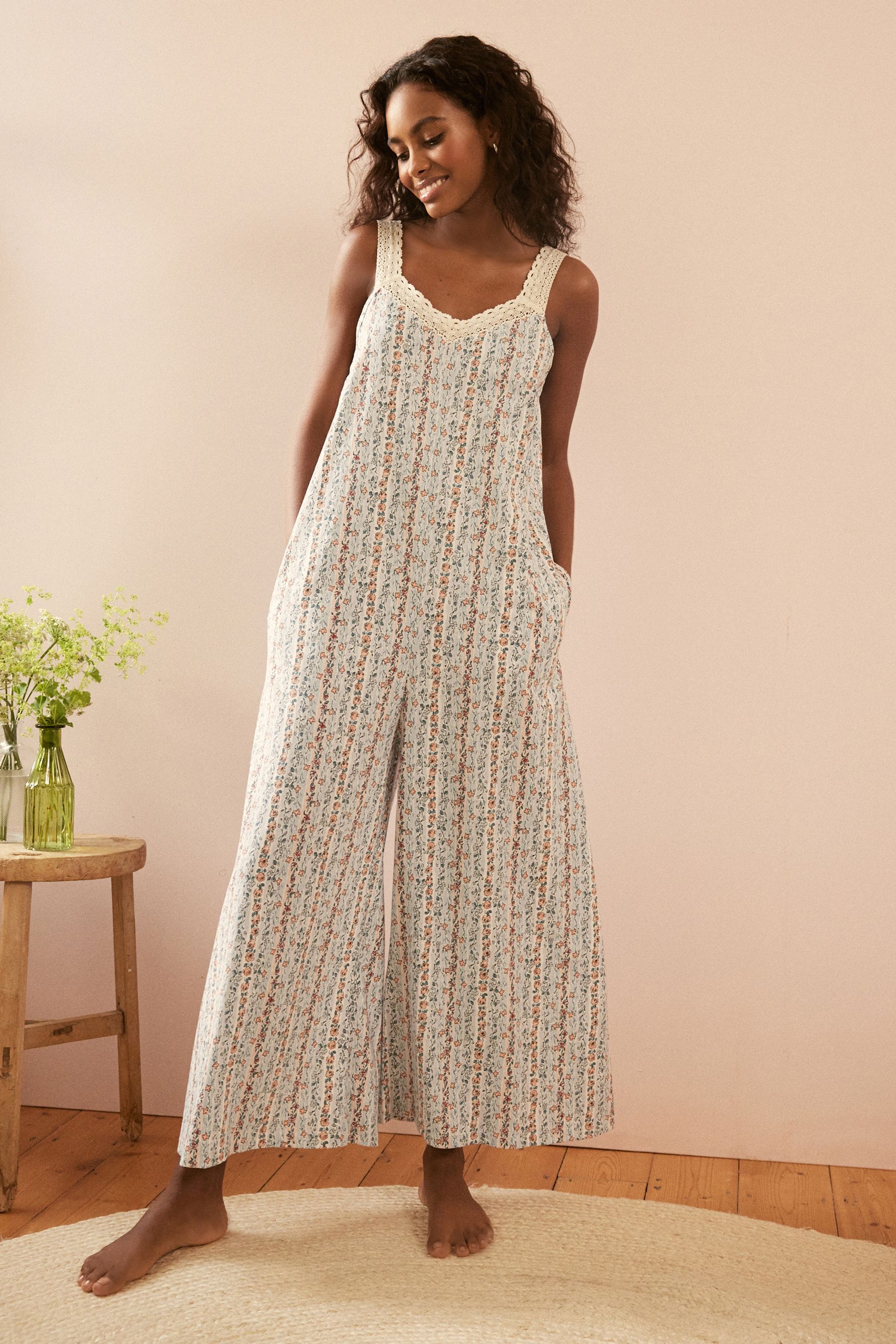 Buy Laura Ashley Blue Ditsy Floral Stripe Lounge Romper 100 Cotton Jumpsuit from the Next UK online shop