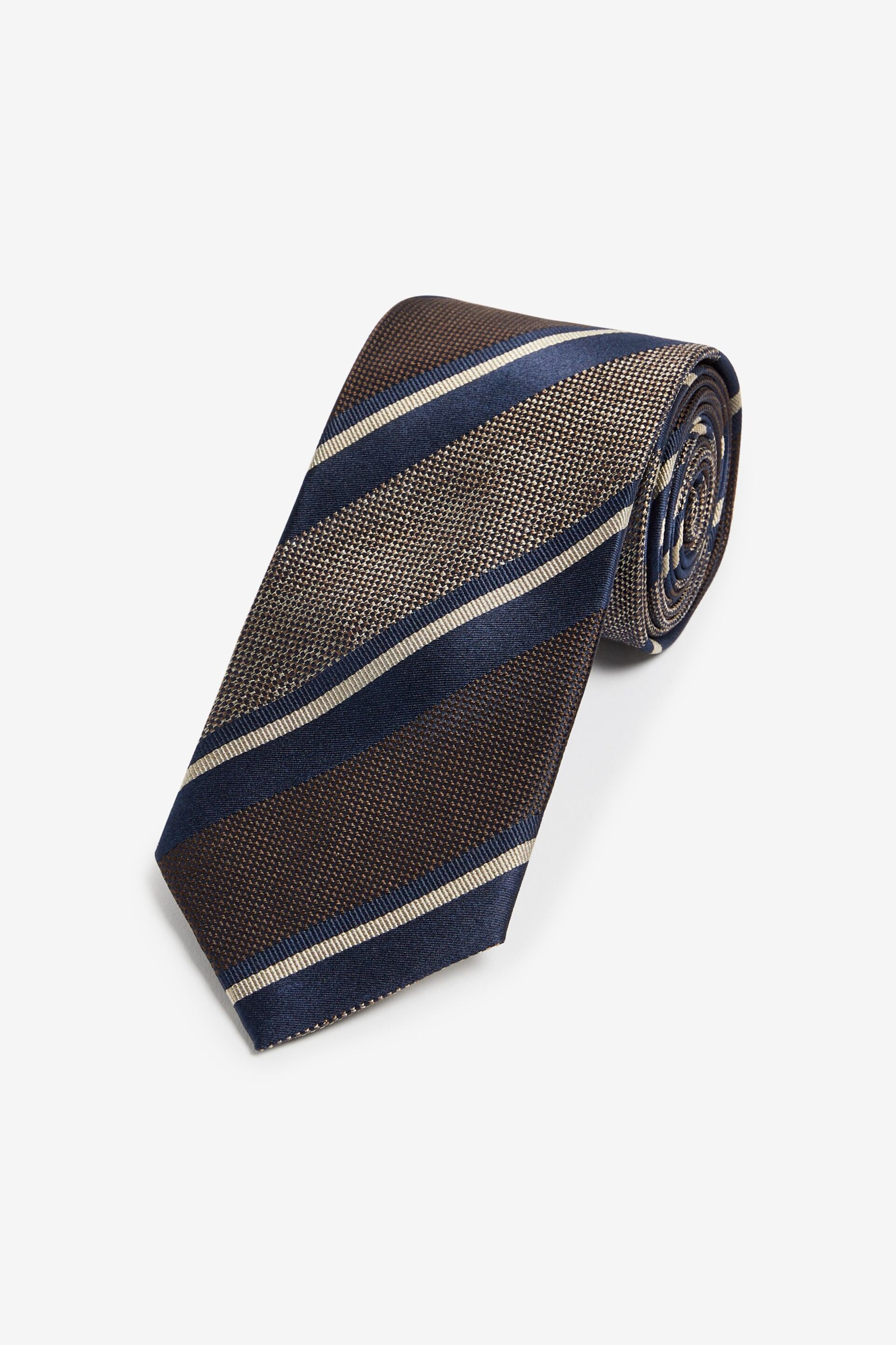 Neutral Brown/Navy Blue Stripe Textured Silk Tie - Image 1 of 3