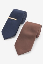 Navy Blue/Tan Brown Textured Tie With Tie Clips 2 Pack - Image 1 of 1