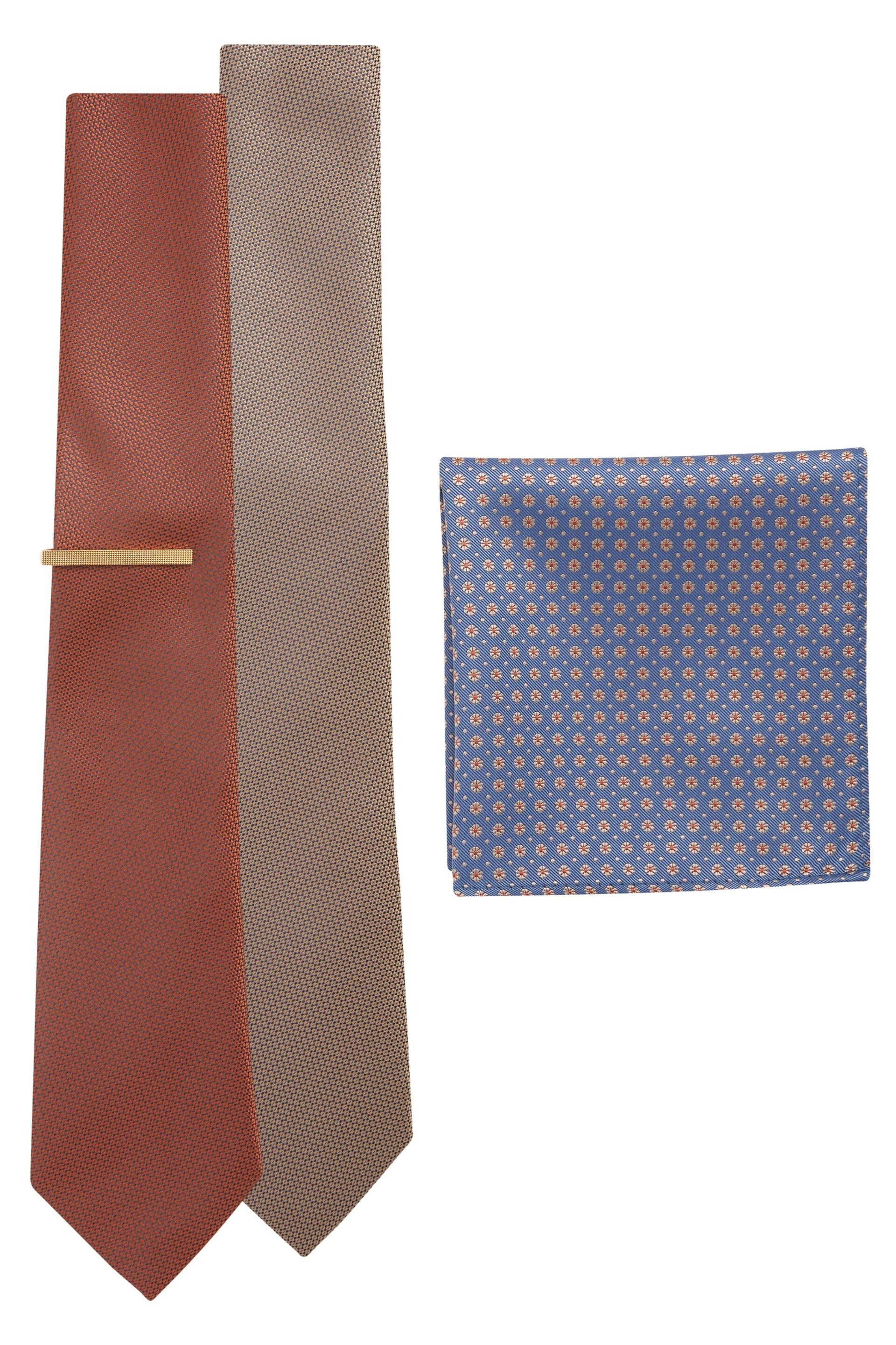 Neutral Brown/Rust Orange 2 Pack Textured Ties And Pocket Sqaure Set - Image 2 of 8