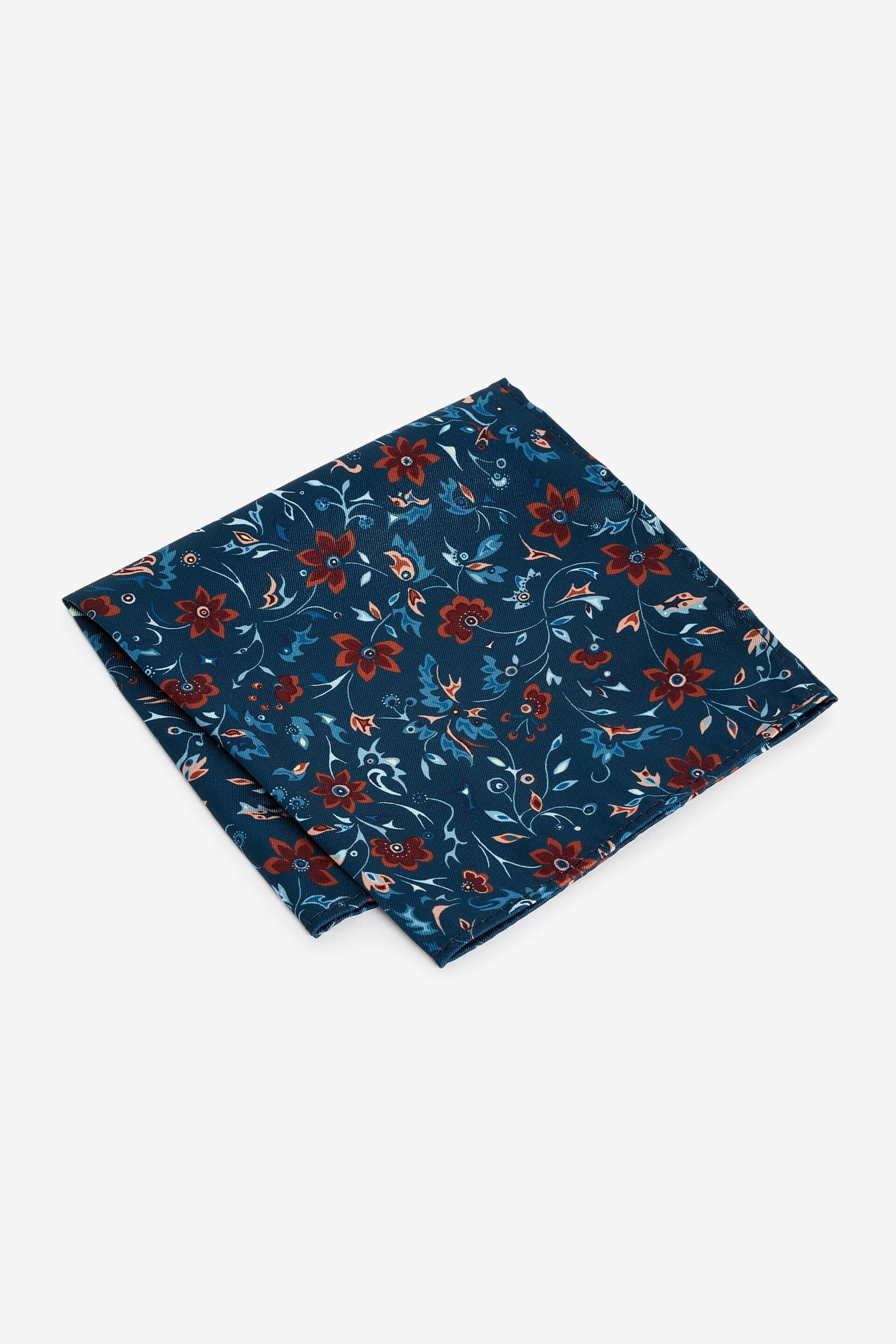 Yellow/Navy Blue Floral Slim Tie And Pocket Square Set - Image 2 of 5