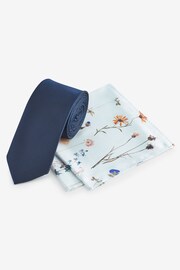 Navy Blue/Light Blue Pressed Flower Slim Tie And Pocket Square Set - Image 1 of 5