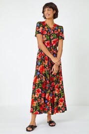 Roman Black Floral Print Tiered 100% Cotton Midi Dress - Image 1 of 5