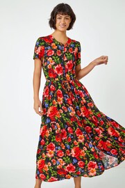 Roman Black Floral Print Tiered 100% Cotton Midi Dress - Image 3 of 5