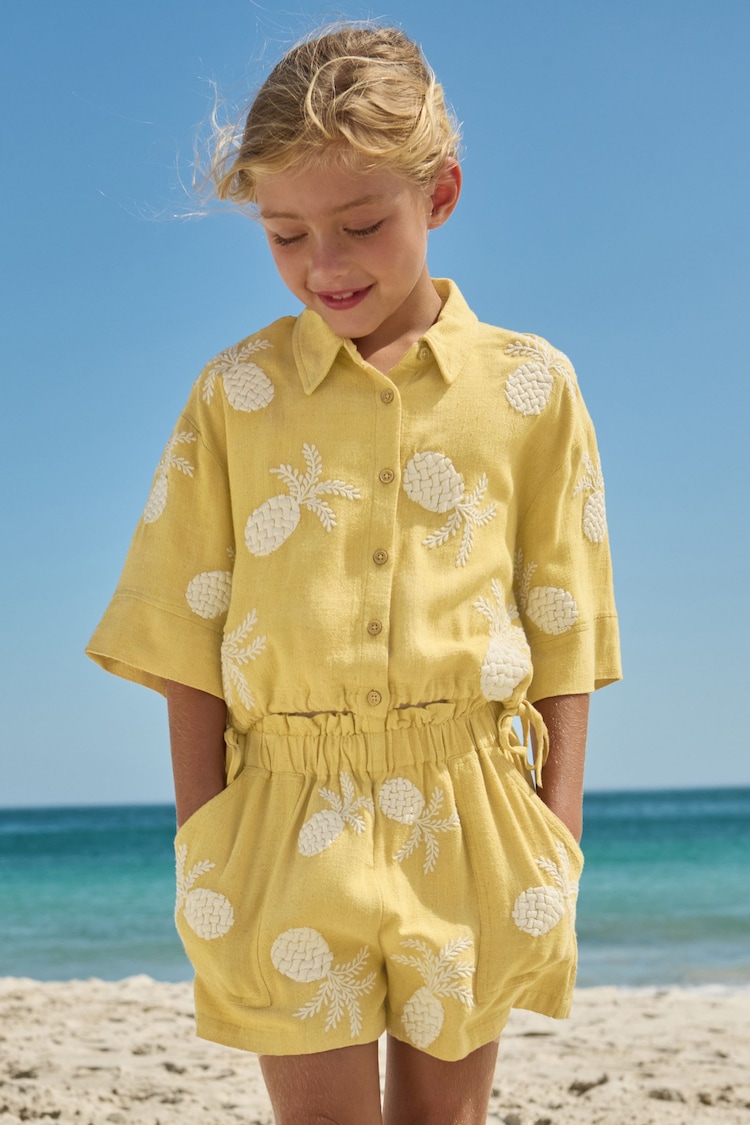 Ochre/Cream Embroidered Co-ord Shirt & Shorts With Linen Set (3-16yrs) - Image 1 of 9