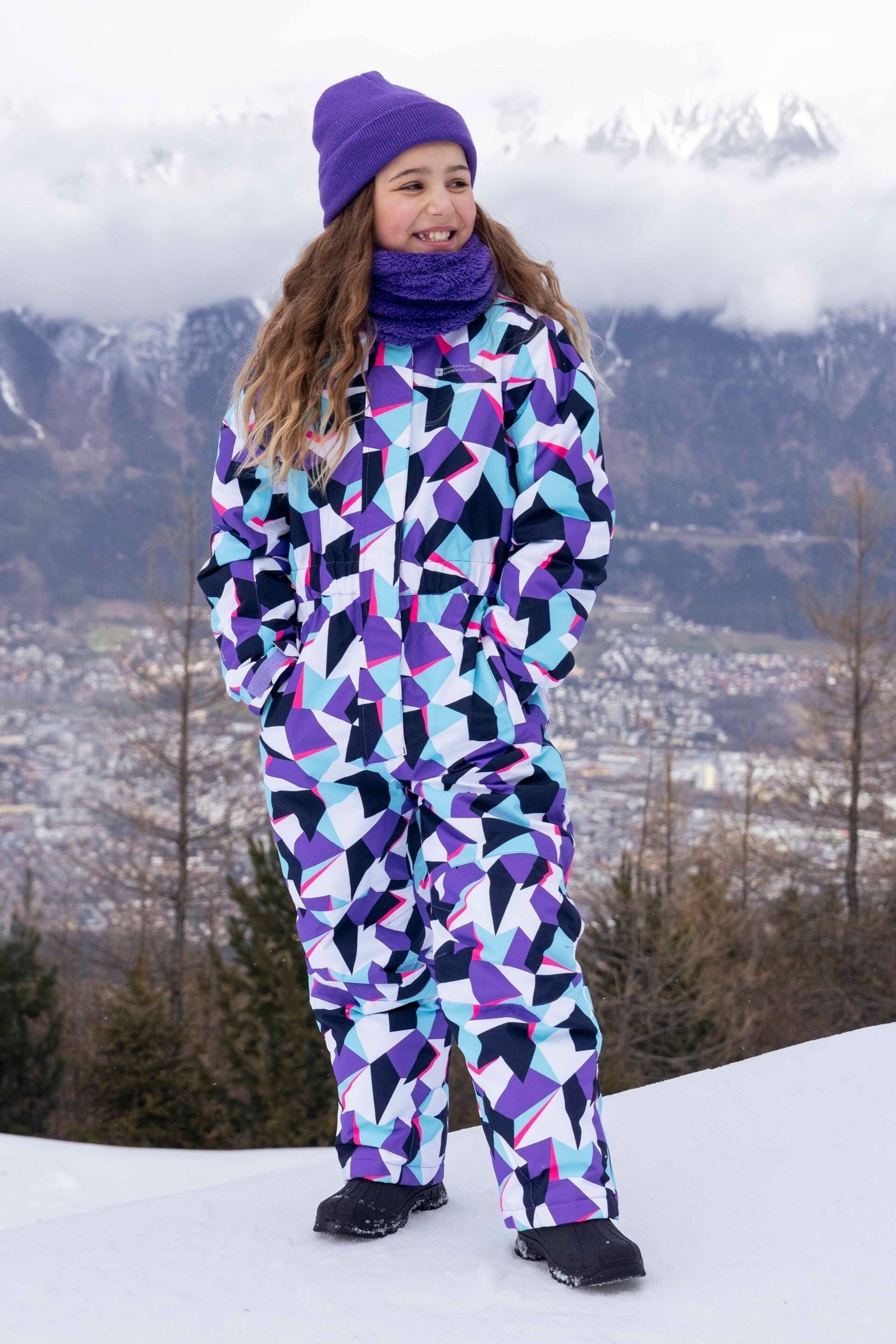 Mountain Warehouse Purple/White Kids Cloud Printed All in One Snowsuit - Image 1 of 6