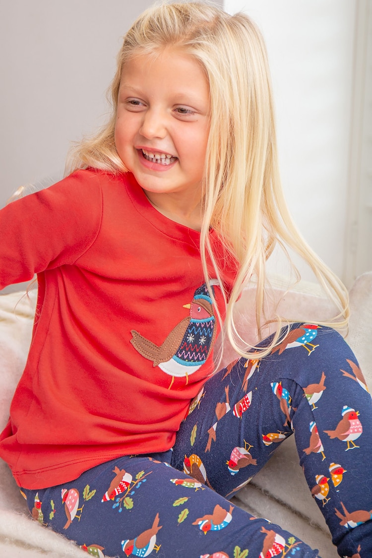 Frugi Navy Organic Cotton Christmas Robin Printed Leggings - Image 1 of 1