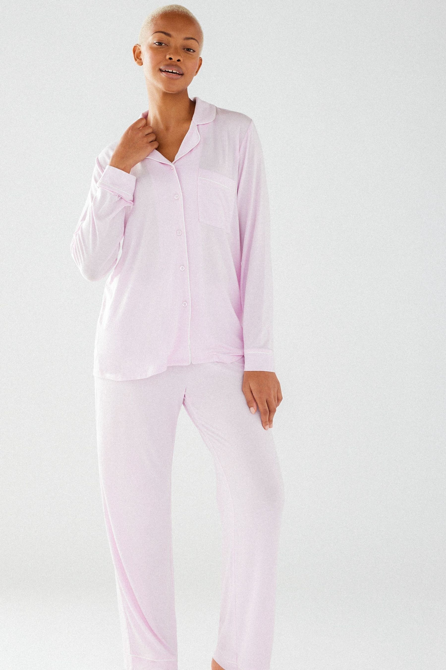 Buy Chelsea Peers Pink Modal Button Up Long Pyjamas Set from Next Kuwait