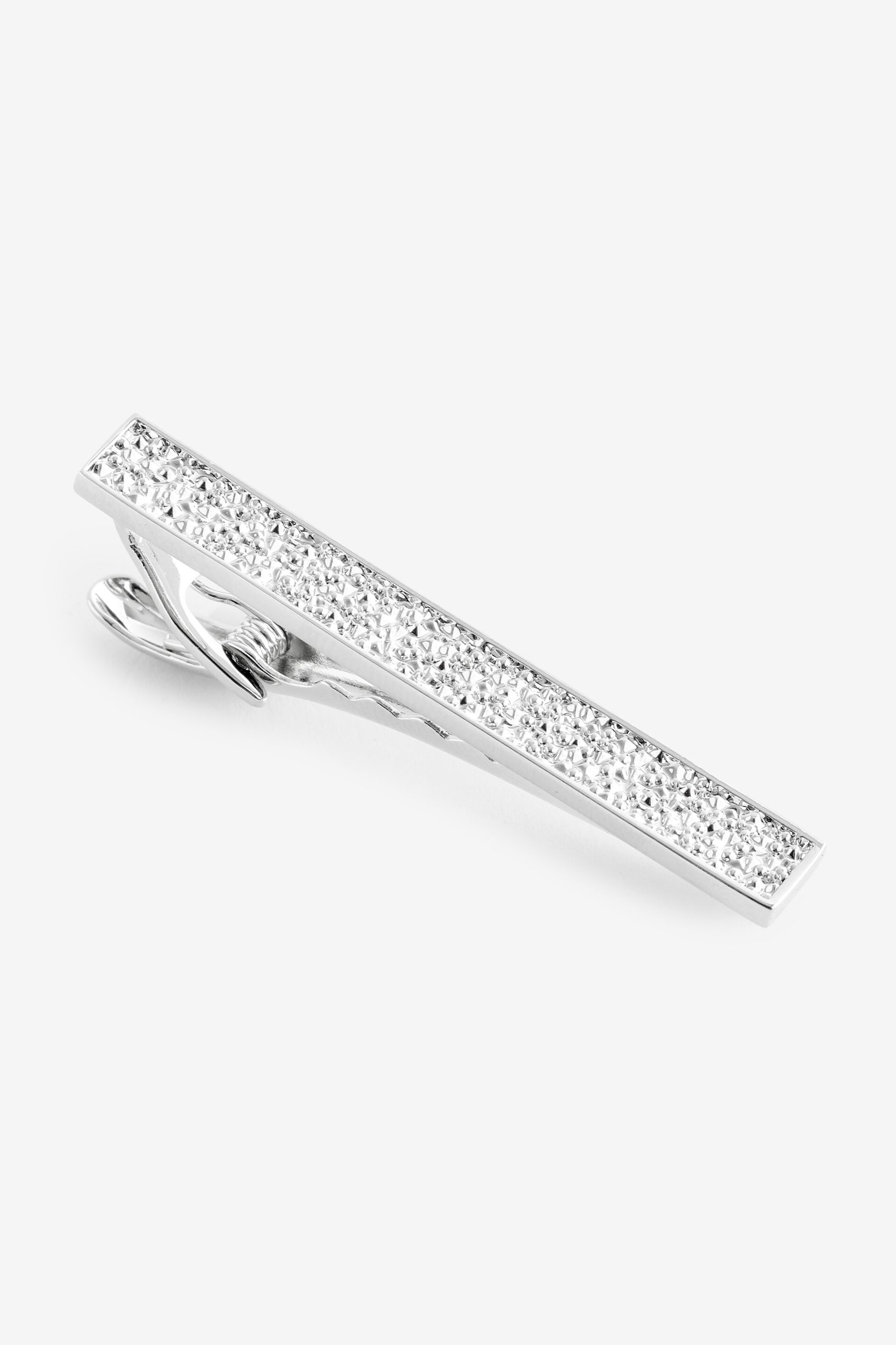 Silver Glitter Textured Cufflink And Tie Clip Set - Image 3 of 6