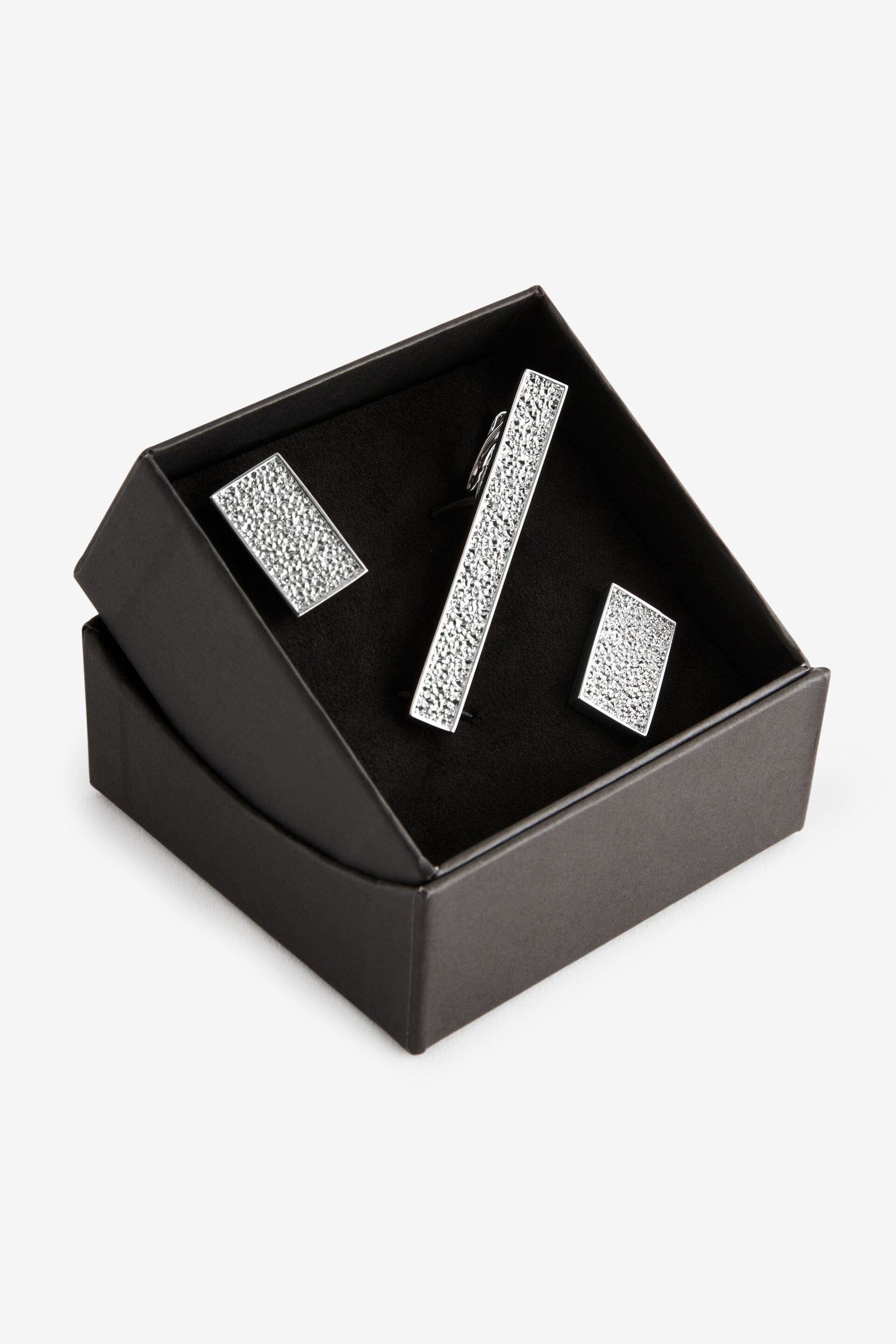 Silver Glitter Textured Cufflink And Tie Clip Set - Image 5 of 6