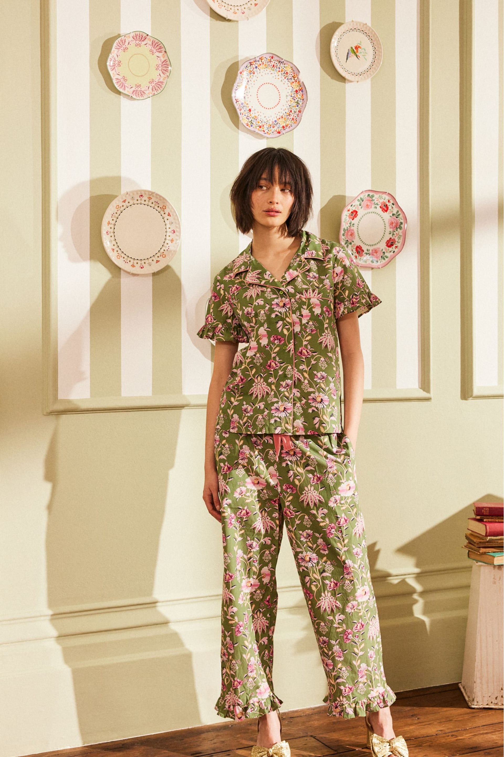 Cath Kidston Green Floral Cotton Poplin Button Through Pyjamas - Image 1 of 10
