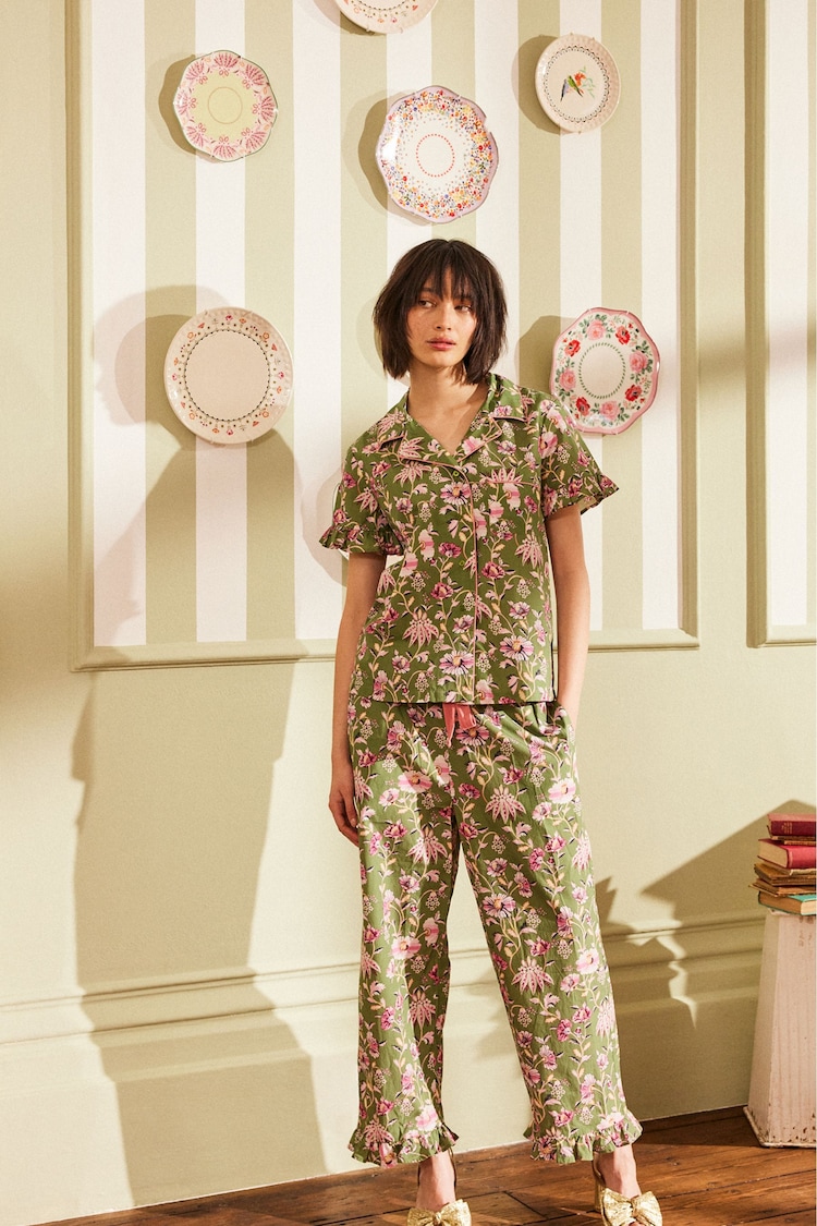 Cath Kidston Green Floral 100% Cotton Poplin Button Through Pyjamas - Image 1 of 10