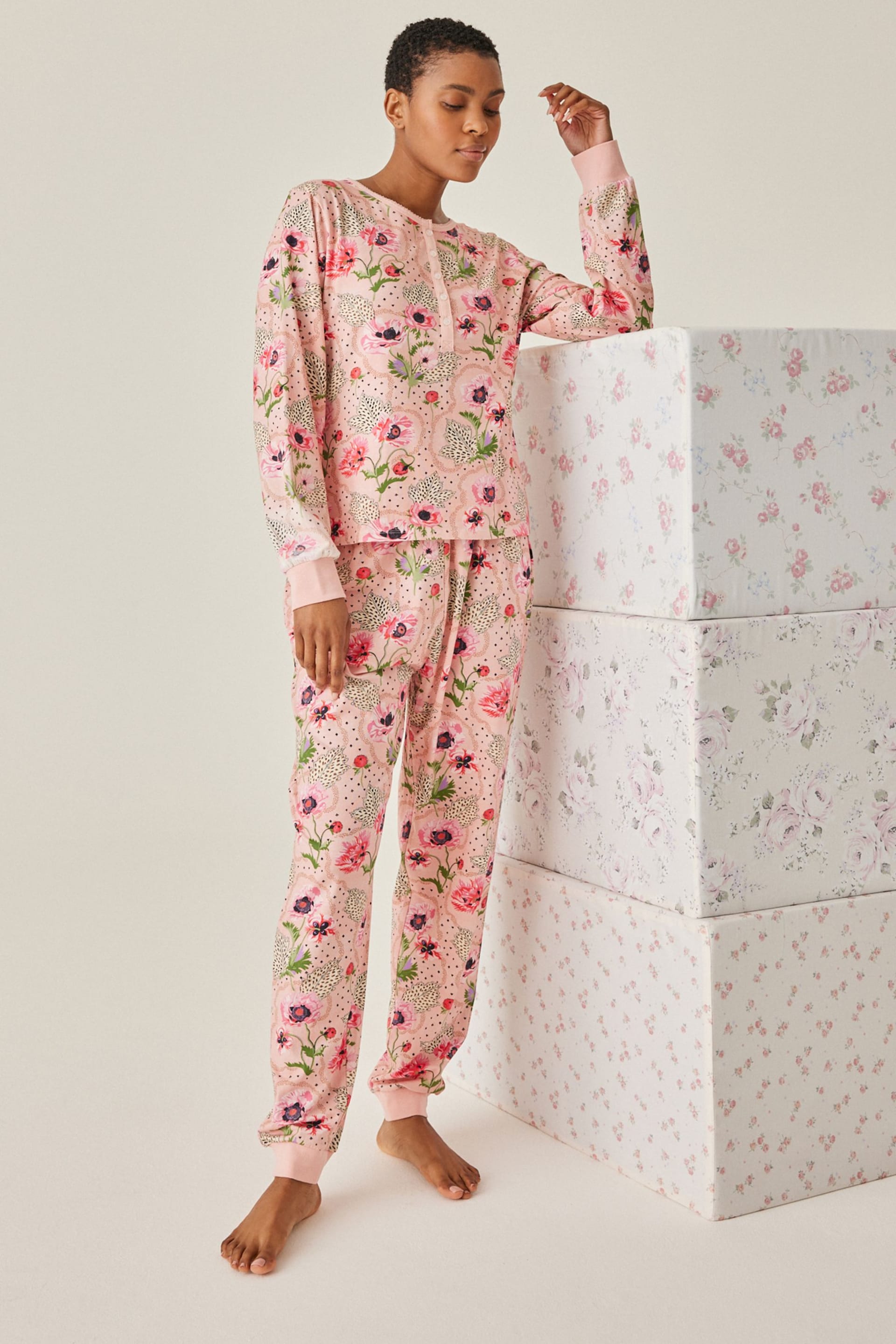 Cath Kidston Pink Floral Print Cotton Henley Pyjamas - Image 1 of 12