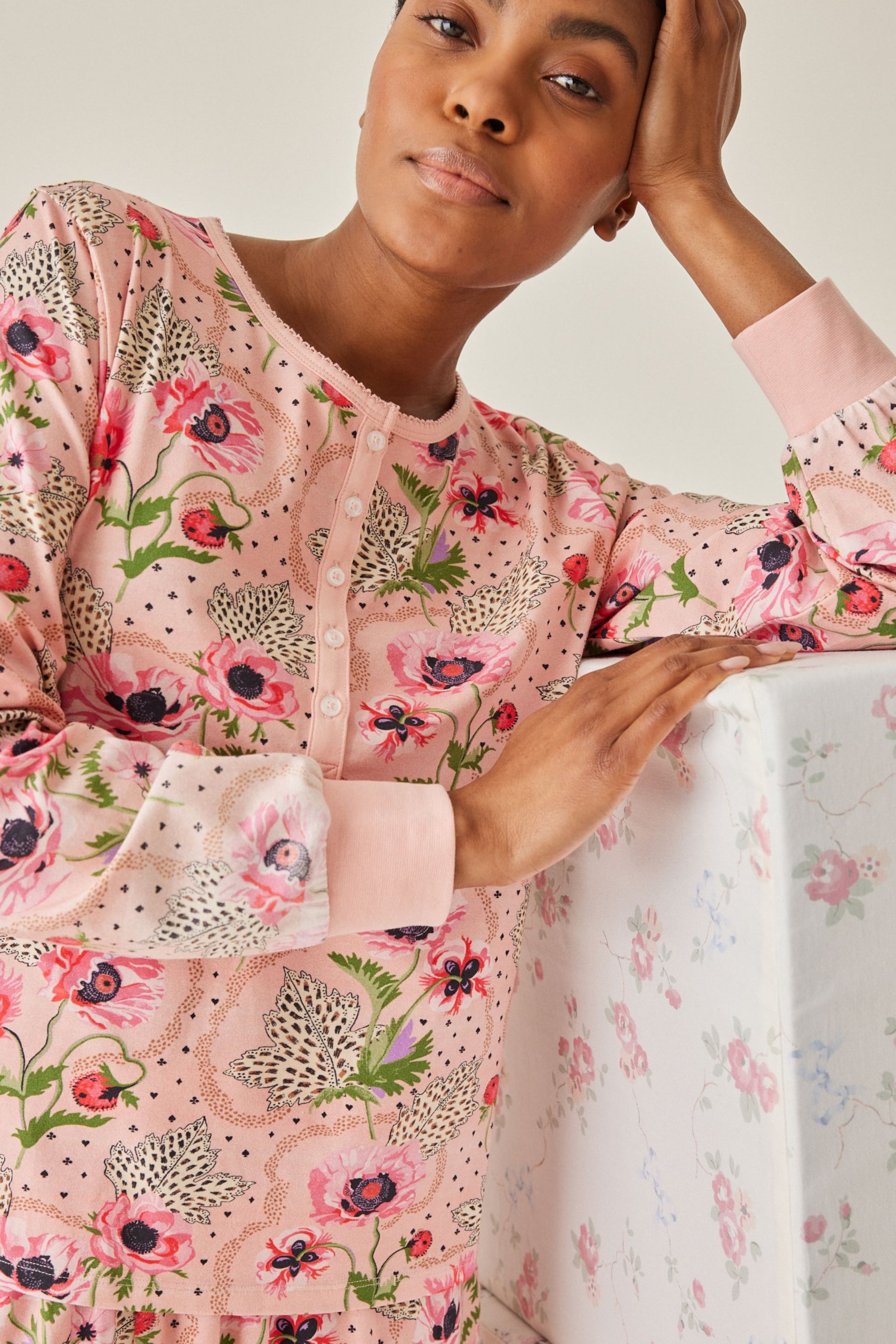Cath Kidston Pink Floral Print Cotton Henley Pyjamas - Image 3 of 12