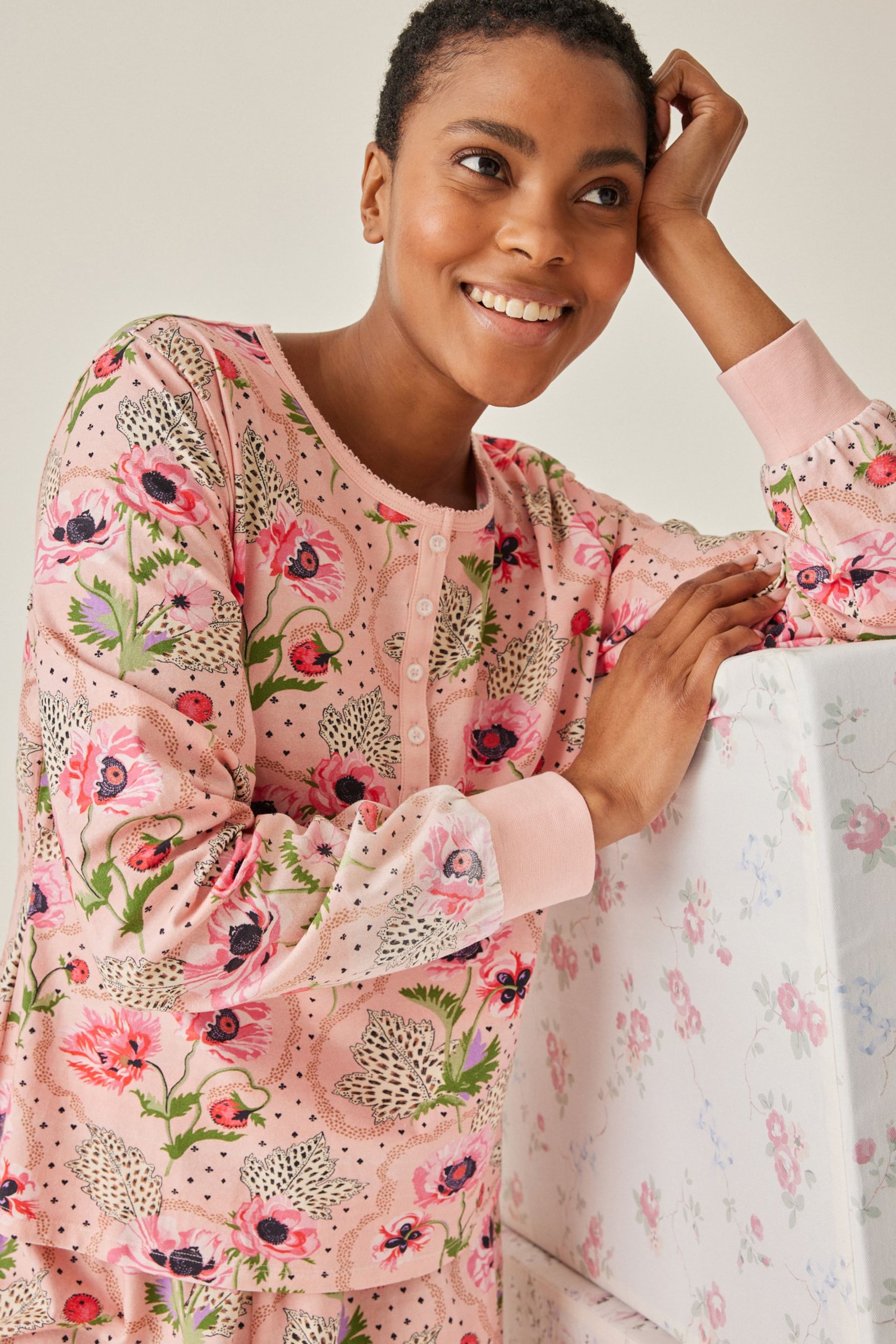 Cath Kidston Pink Floral Print Cotton Henley Pyjamas - Image 4 of 12