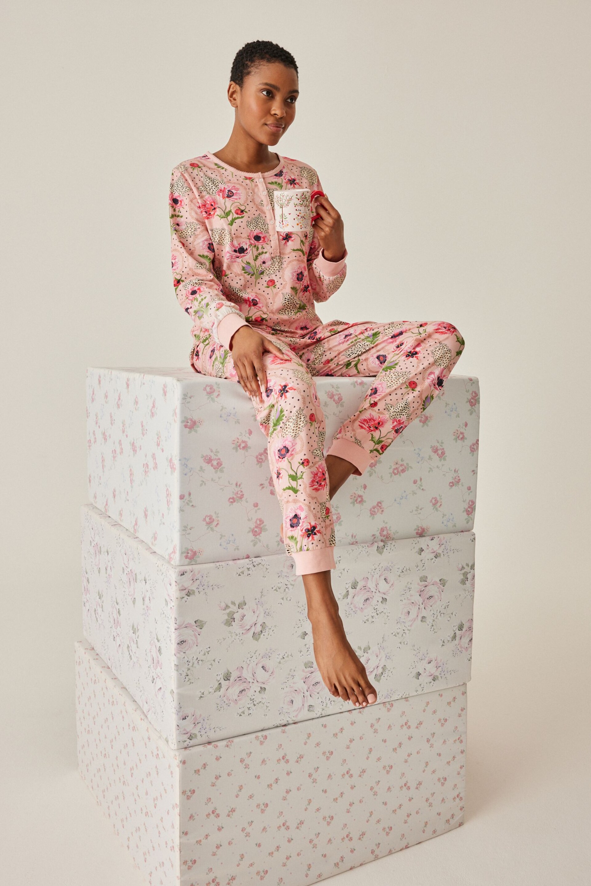 Cath Kidston Pink Floral Print Cotton Henley Pyjamas - Image 7 of 12