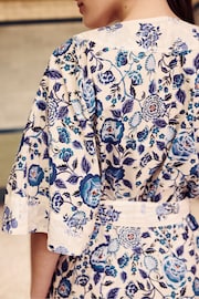 Cath Kidston Blue/White Floral Printed 100% Cotton Kimono Robe - Image 4 of 6