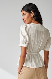 White Tie Front Tiered Textured Short Sleeve Blouse - Image 2 of 6
