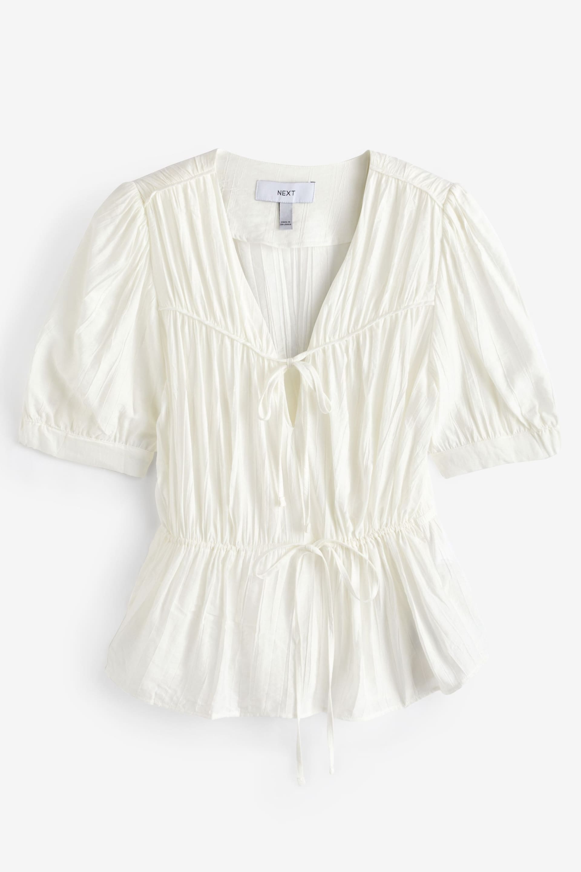 White Tie Front Tiered Textured Short Sleeve Blouse - Image 5 of 6
