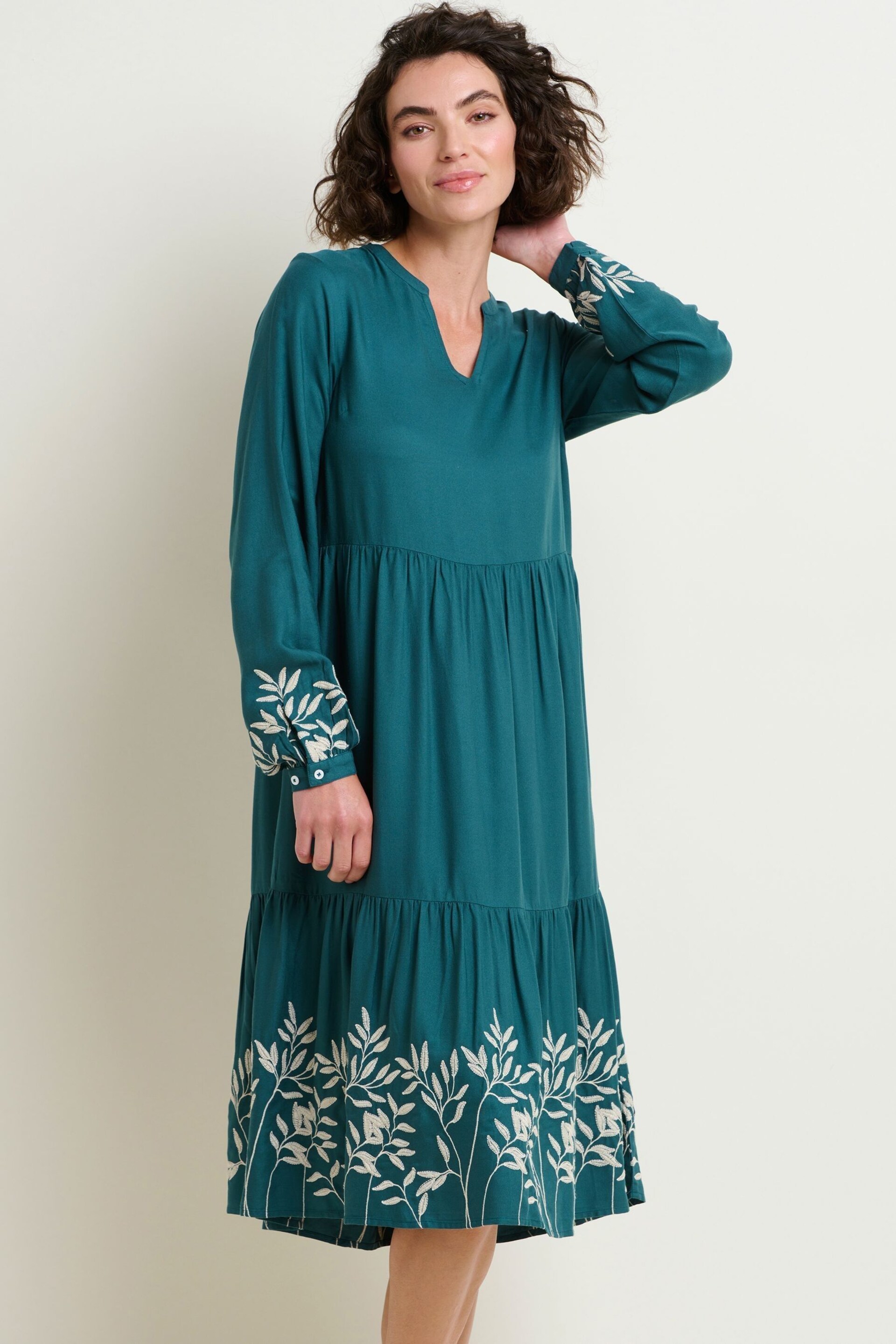 Brakeburn Blue Anwen Embroidered Sleeve & Hem Midi Dress - Image 1 of 4