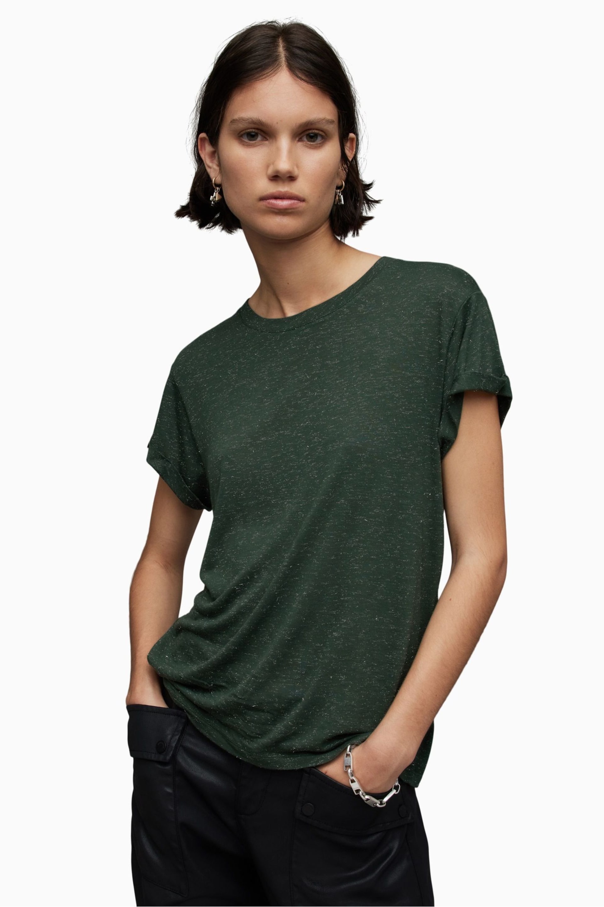 AllSaints Green Anna Shimmer T-Shirt - Image 1 of 6