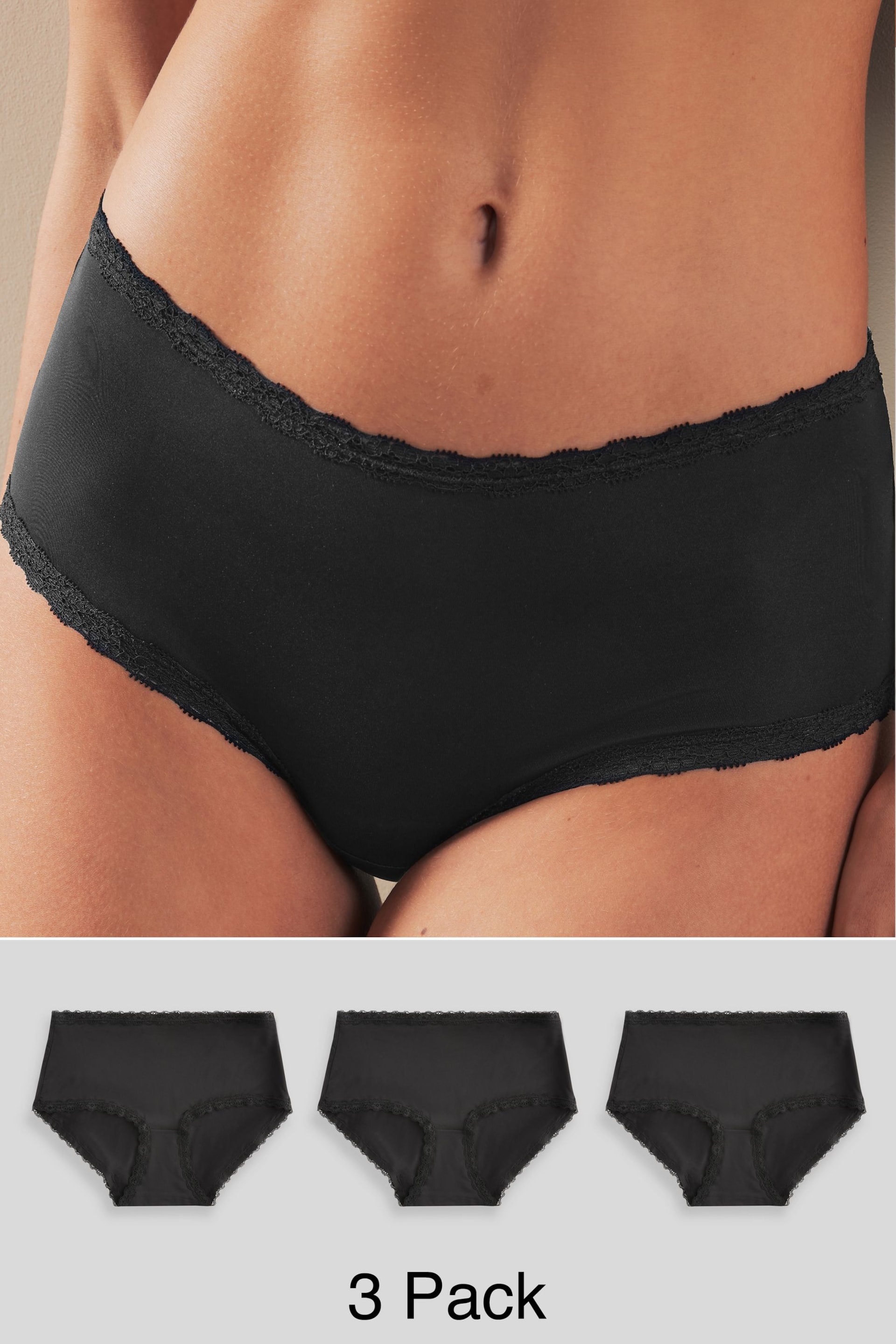 Black Midi Microfibre and Lace Trim Knickers 3 Pack - Image 1 of 6