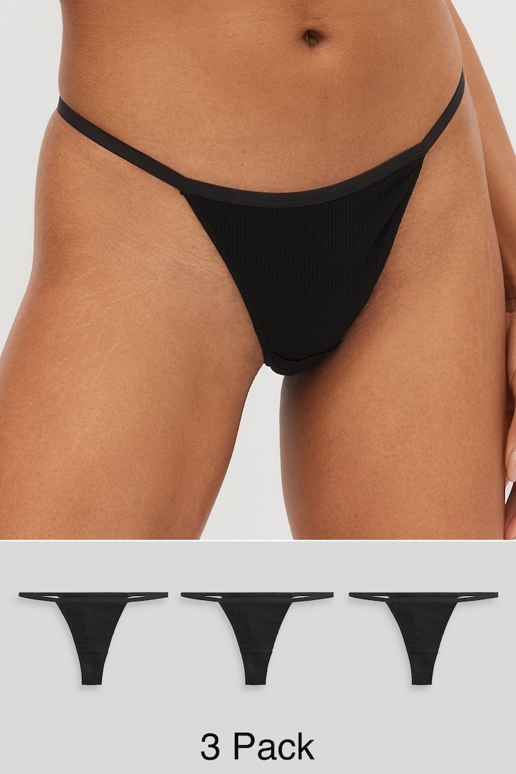 Black Thong Cotton Rib Knickers 3 Pack - Image 1 of 7