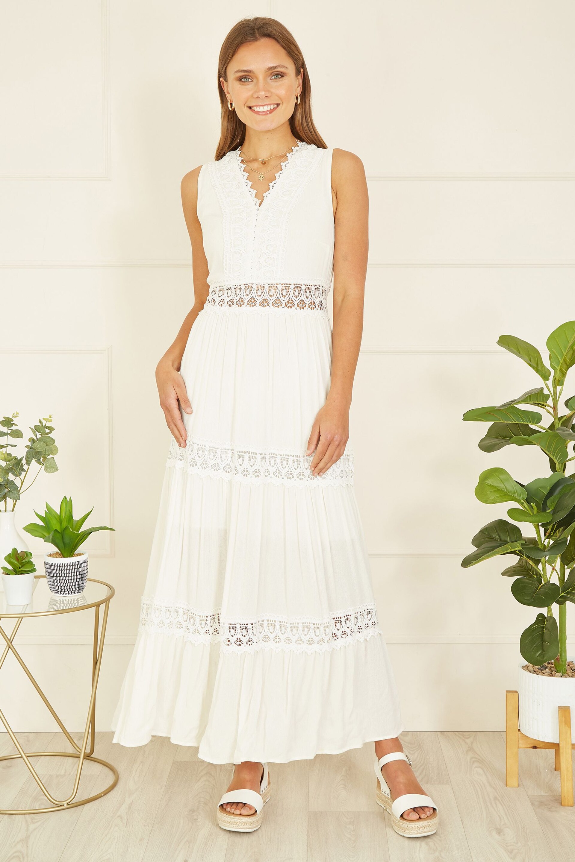 Yumi White Lace Trim Cotton Midi Sun Dress - Image 1 of 5