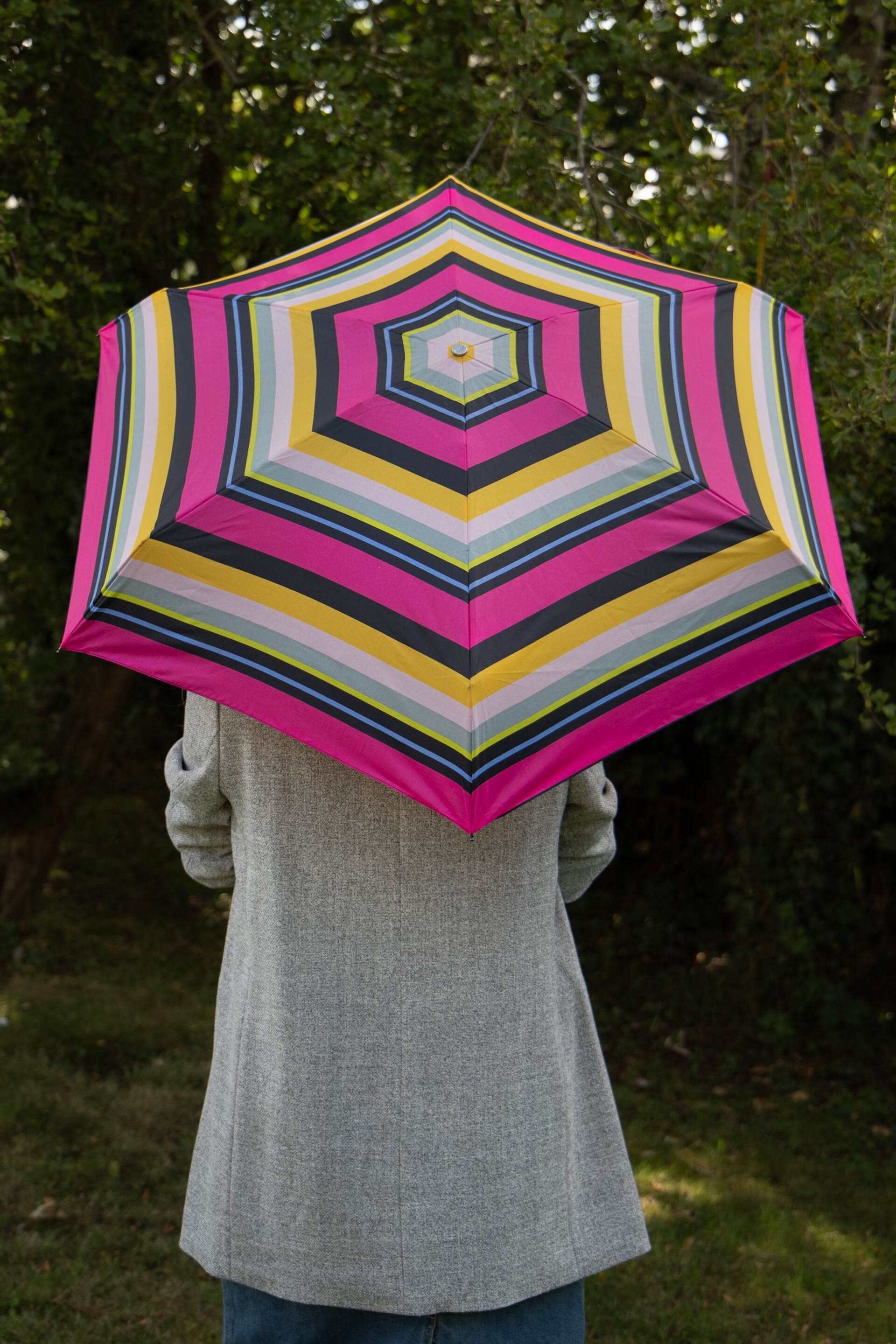 Totes Pink Eco Xtra Strong Mini Magenta Block Stripe Print Umbrella - Image 1 of 4