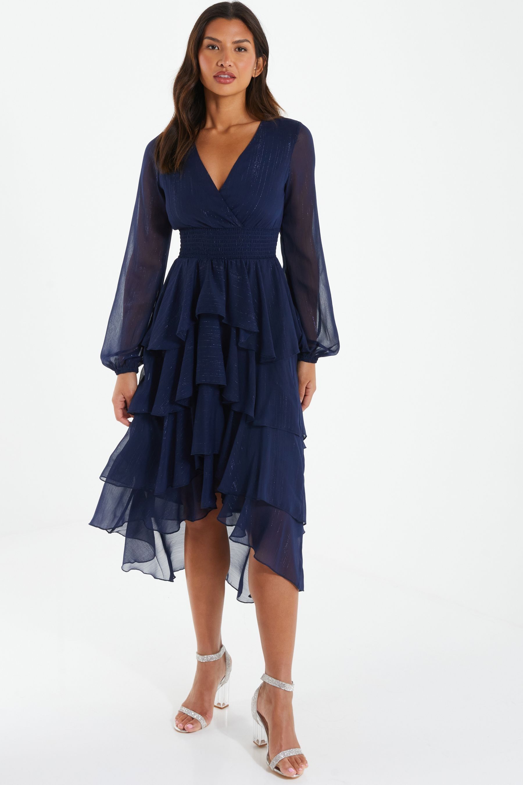 Buy Quiz Navy Blue Chiffon Long Sleeve Tiered Midi Dress from Next Luxembourg