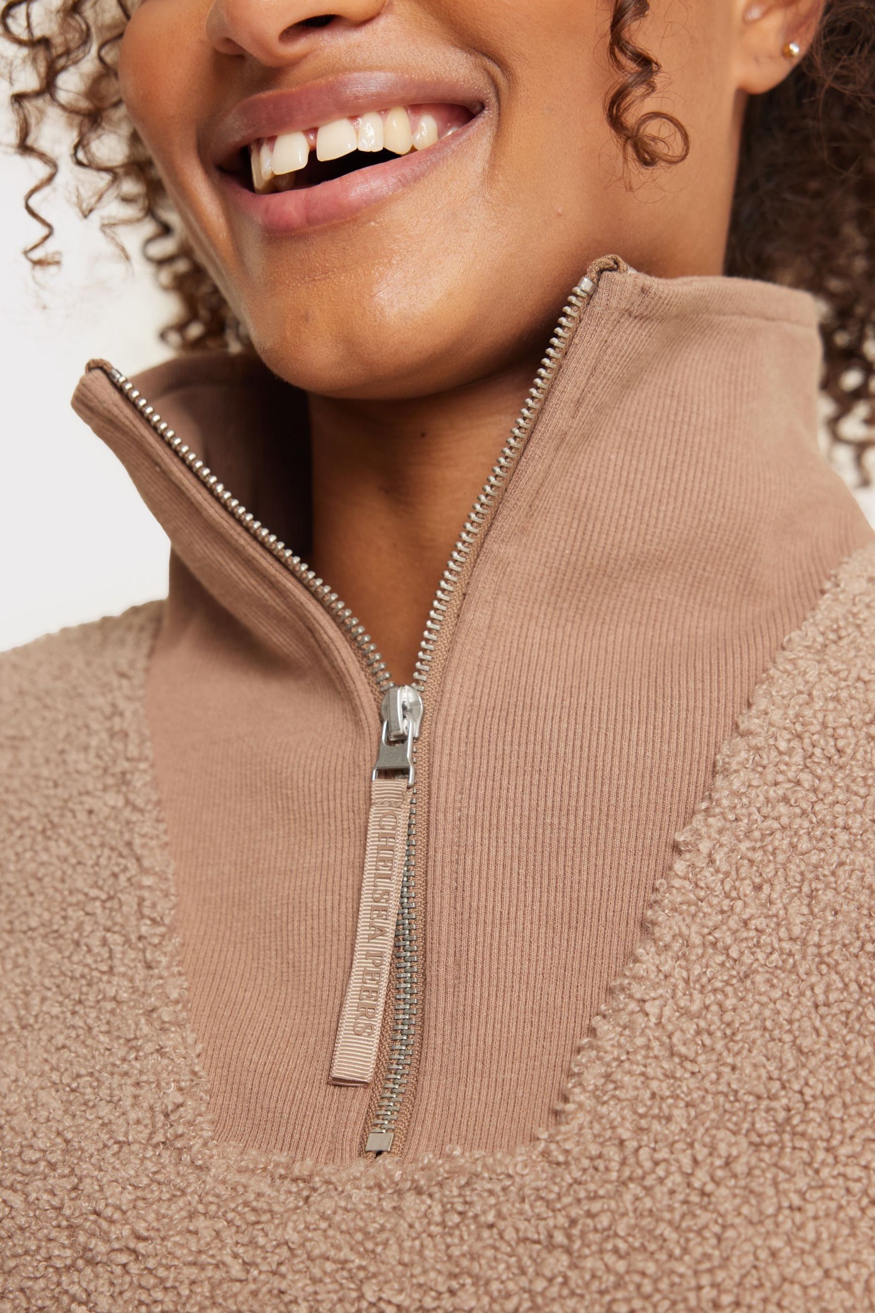 Buy Chelsea Peers Brown Teddy Borg Quarter Zip Fleece from Next Luxembourg