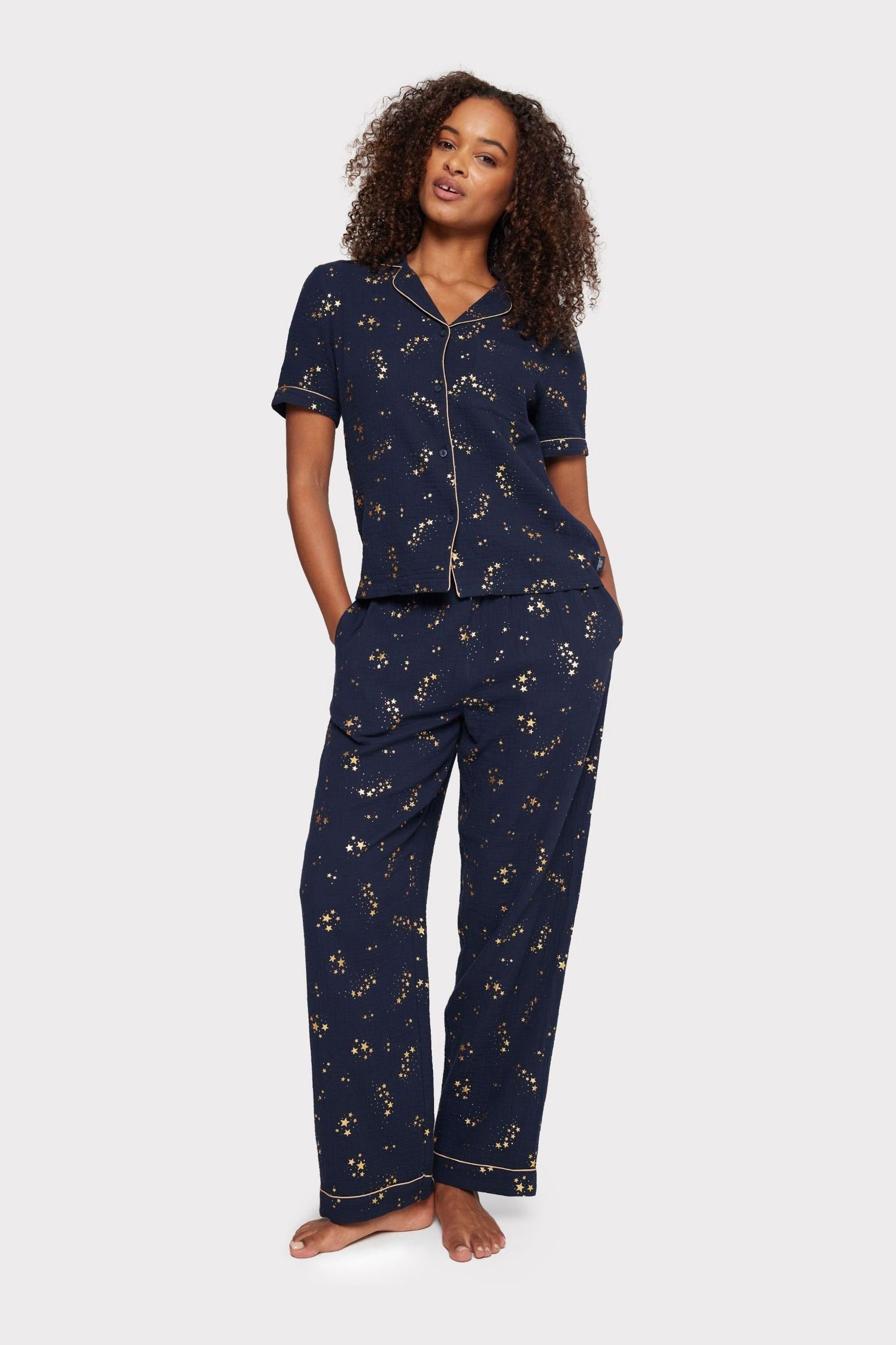 Chelsea Peers Blue Cotton Cheesecloth Foil Star Print Long 100 Cotton Pyjama Set 8 Womens